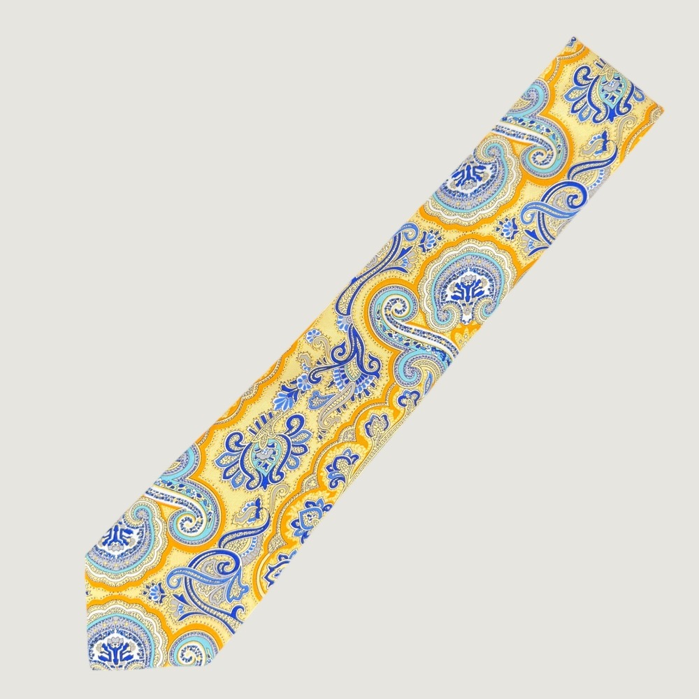 Saddlebred Mens Silk Paisley Necktie Yellow Blue Hand Made Classic Tie 3.5" Wide